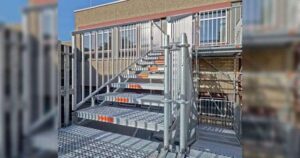 Application of escape stair tower by Layher Allround Scaffolding