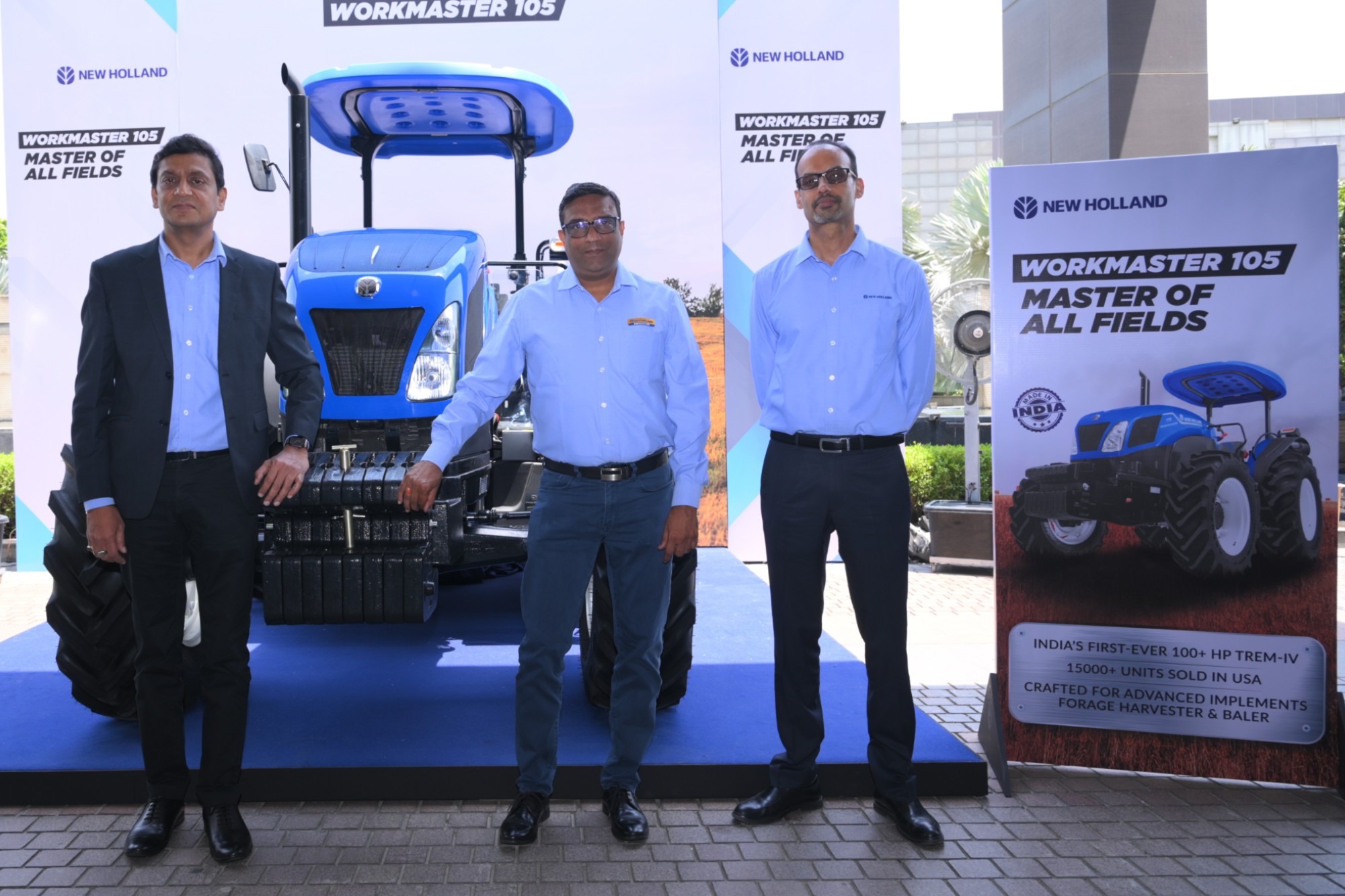 Mr. Narinder Mittal, Country Manager & Managing Director - CNH, Mr. Sandeep Gupta, Director of Sales, Agriculture and Mr. Tarun Khanna, Marketing Director, Agriculture, from CNH (India & SAARC) with the newly launched Made-in-India Workmaster 105 tractor _ B2B