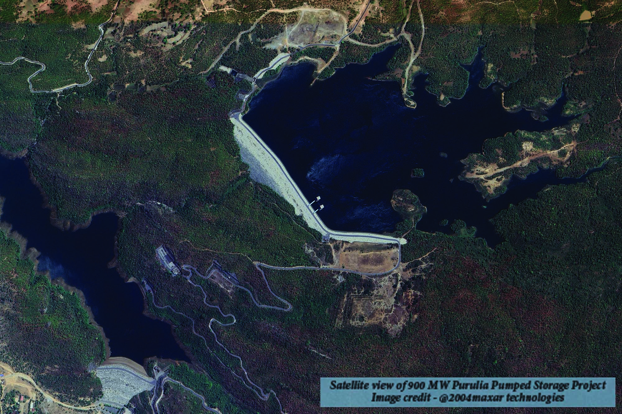 Satellite view of 900 MW Purulia Pumped Storage Project' and image credit to  "@2004maxar technologies _ B2B